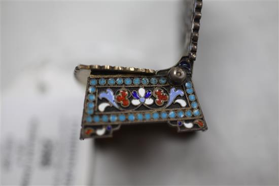 A late 19th century Russian 84 zolotnik silver and cloisonne enamel novelty salt modelled as a chair, 2.25in.